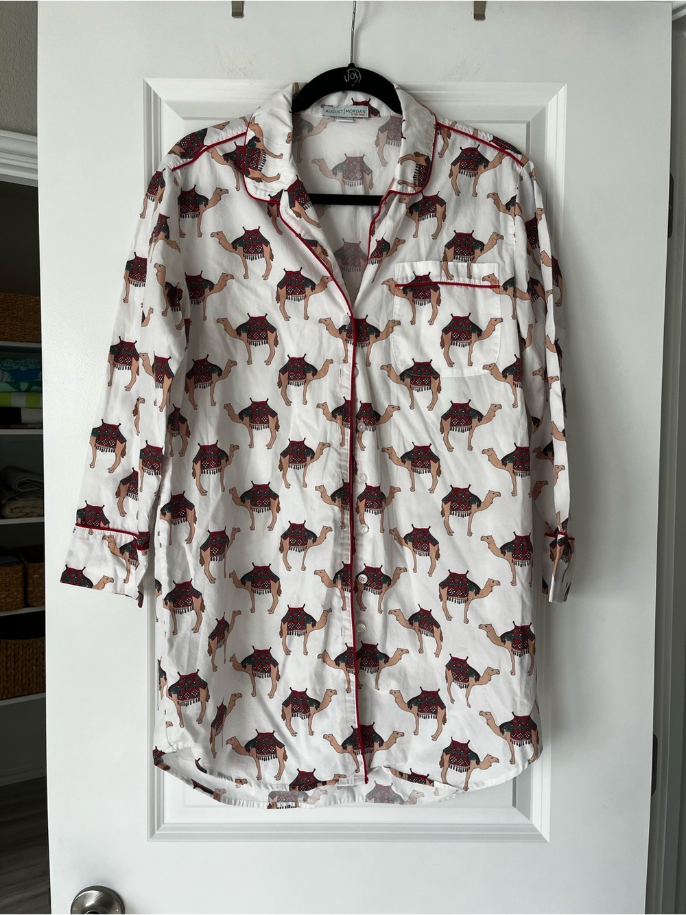 Camel Print Button-Down Nightshirt - White with Tan & Red Trim